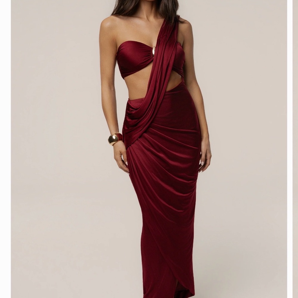 JLUXLABEL One-Shoulder Cutout Draped Maxi Dress in Maroon. Worn once